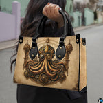 Lifestyle arrangement of steampunk octopus handbag and wallet set with accessories
