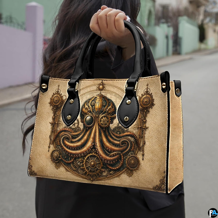 Lifestyle arrangement of steampunk octopus handbag and wallet set with accessories