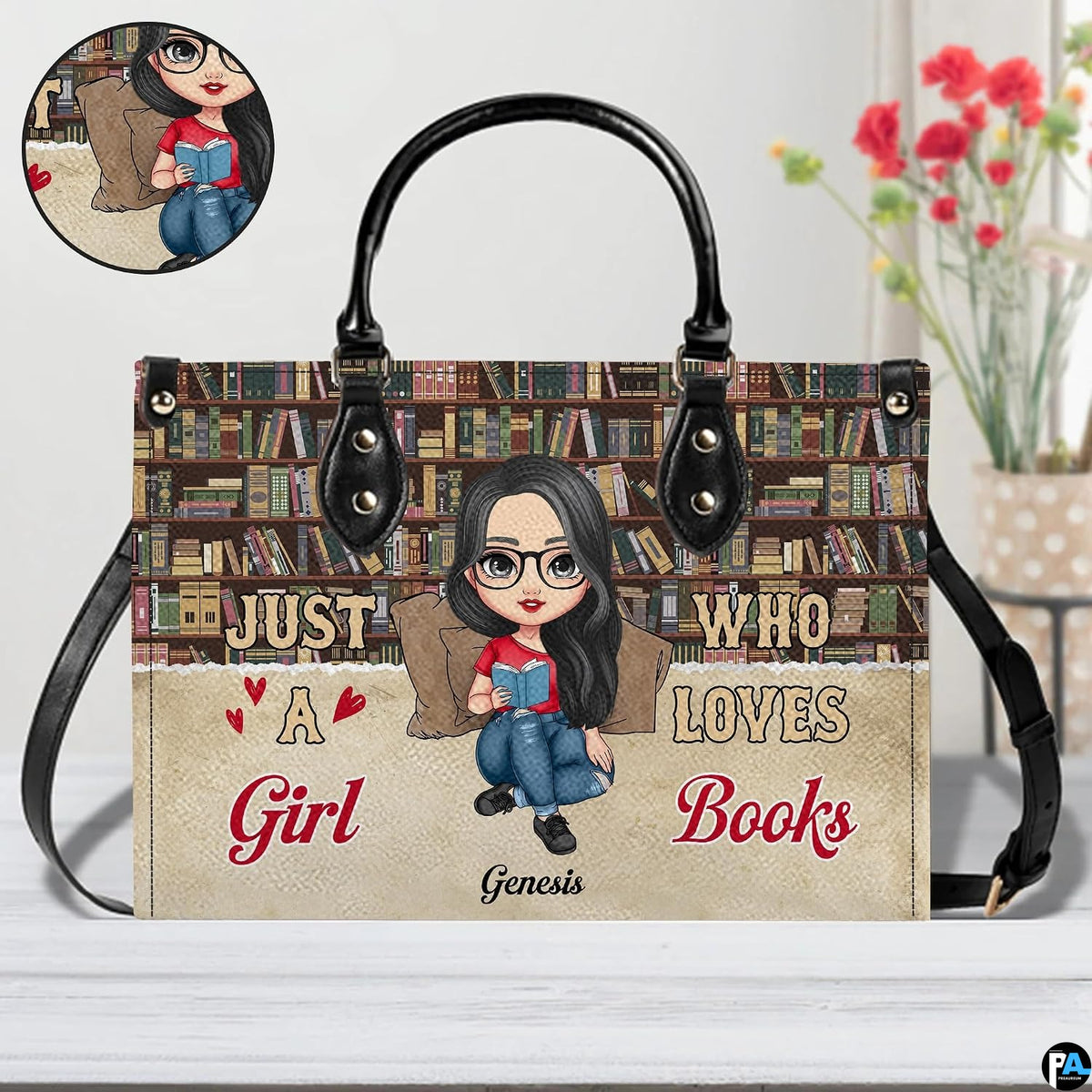 Handbag resting on plain background with inset circular textured material detail swatch.