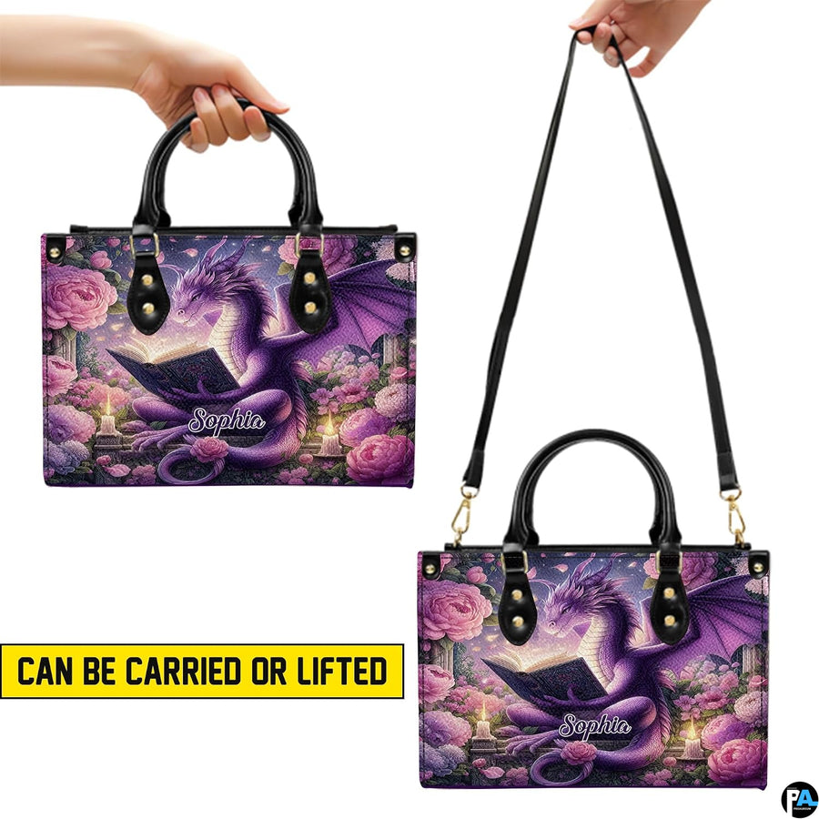 Illustration of hand carry and shoulder carry configurations for the purple dragon handbag.