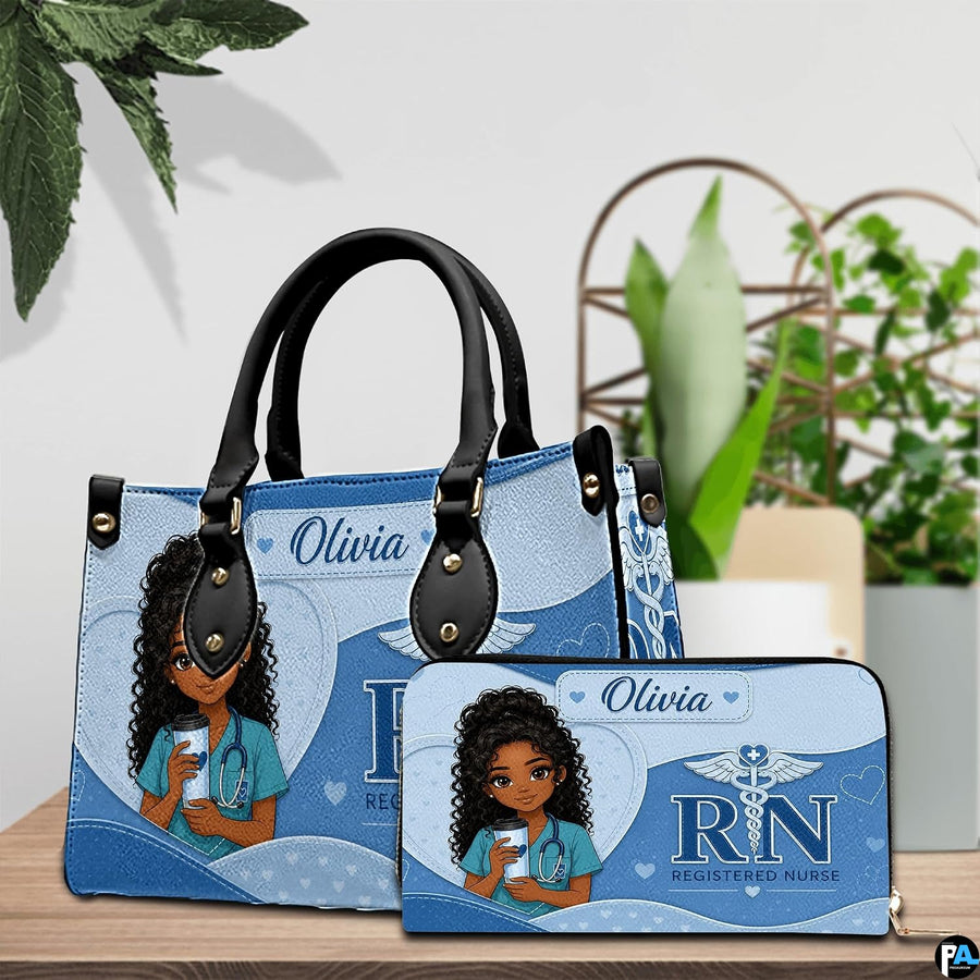 Park bench scene showing a model seated displaying the registered nurse rn artwork print outdoors.