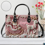 Studio view of pastel pink holiday handbag with circular leather texture close-up.