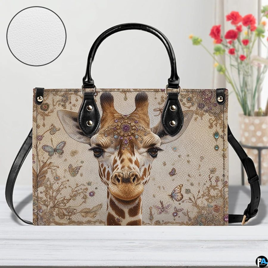 Perspective angle view of giraffe handbag showcasing side depth and patterned damask exterior.