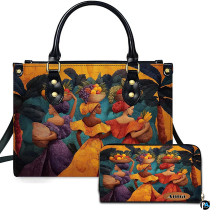 Front view of African market women handbag and matching wallet featuring tropical fruit harvest artwork.