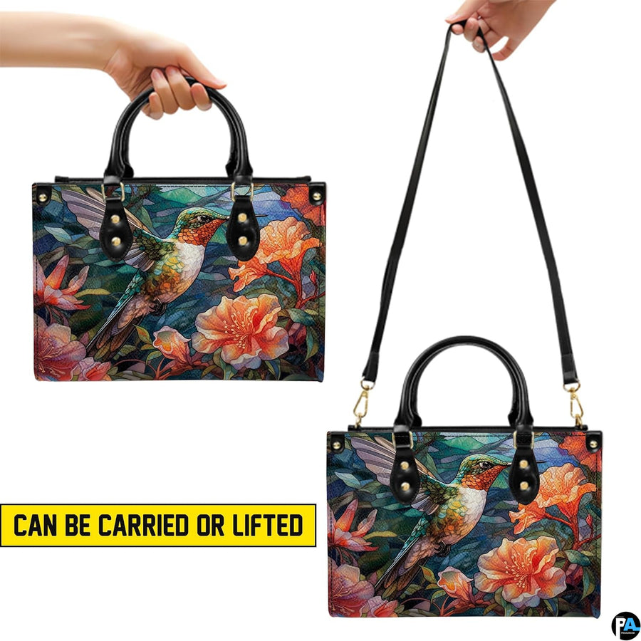 Handbag displayed in two carrying styles held by top handle and shoulder strap on white background.