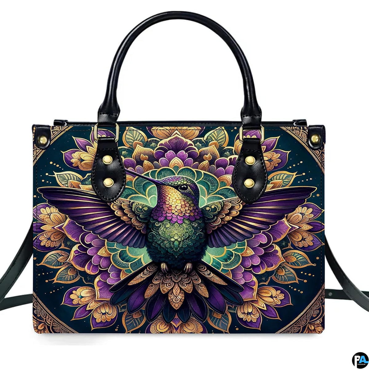 Studio front shot of handbag against white background highlighting purple hummingbird and lotus mandala.