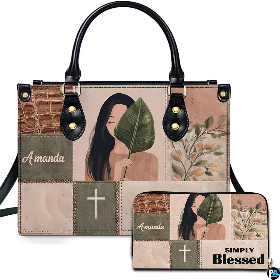 Boho botanical portrait patchwork handbag and matching wallet set featuring woman holding tropical leaf.