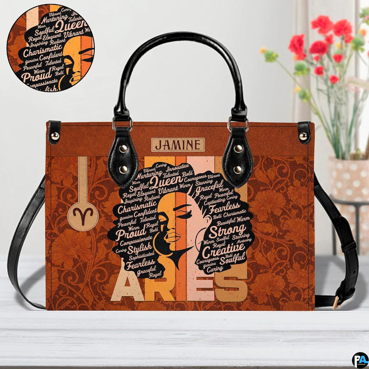 Angled perspective view of afro queen handbag highlighting retro sunset stripes and damask.