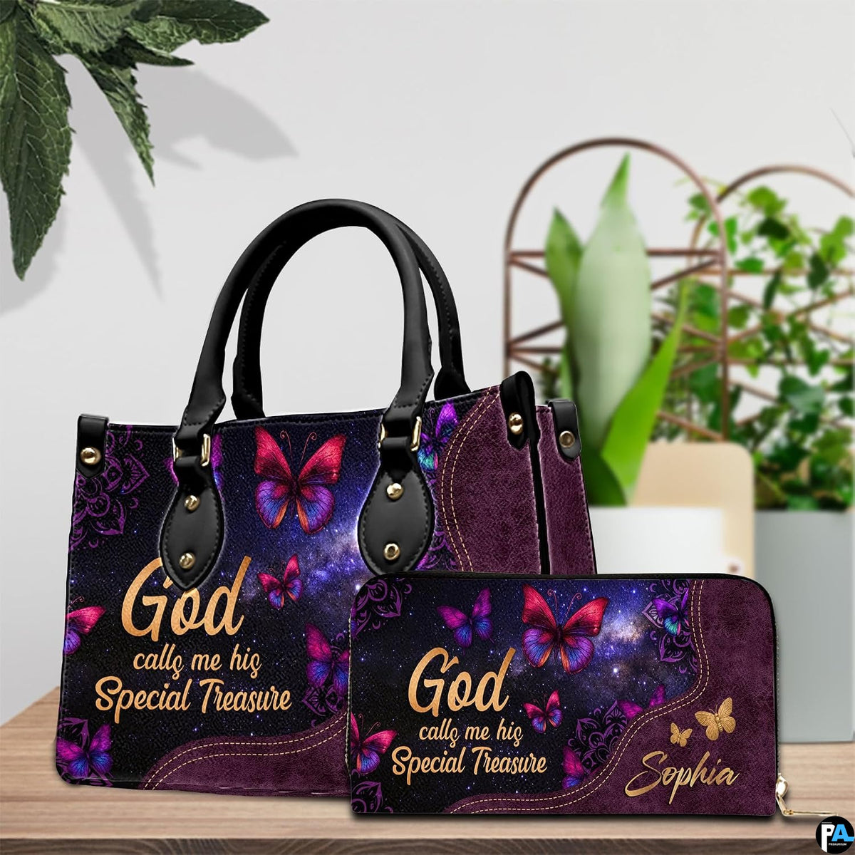 Side profile showing structured silhouette and textured plum finish of cosmic butterfly handbag.