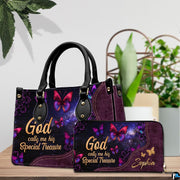 Side profile showing structured silhouette and textured plum finish of cosmic butterfly handbag.