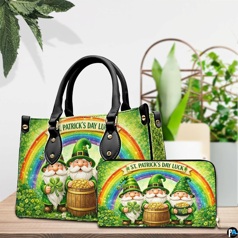 Leprechaun rainbow handbag and wallet displayed with green clover artwork