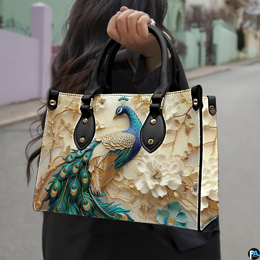 Woman carrying peacock floral artwork handbag