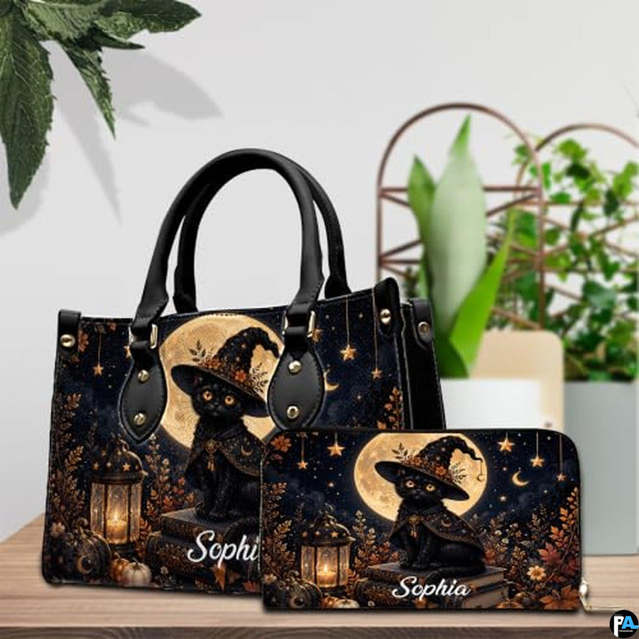 Black Cat Leather Bag – Vintage Cat Art Handbag, Stylish Animal-Themed Purse, Unique Gift for Cat Lovers