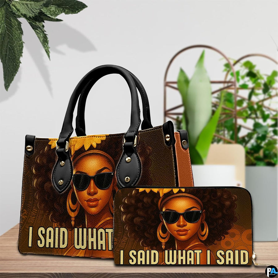 Handbag and matching zip wallet displayed together showing coordinated afro queen portrait artwork.