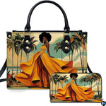 Fashion illustration of Black woman in voluminous yellow gown on tropical beach with palm trees and ocean waves.