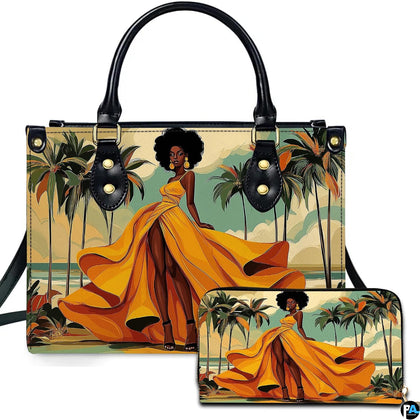 Fashion illustration of Black woman in voluminous yellow gown on tropical beach with palm trees and ocean waves.