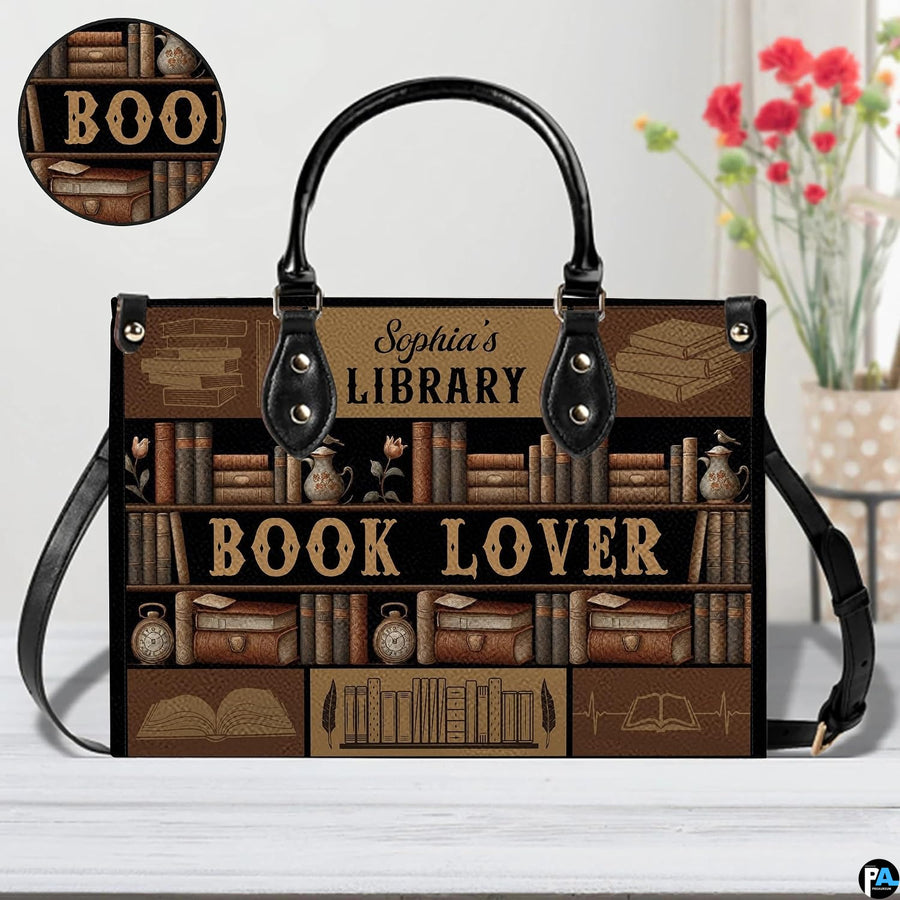 Library bookshelf handbag on plain background with circular inset material texture detail swatch.