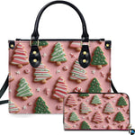 Holiday print with striped evergreen cookies and peppermint swirls on light pink backdrop.