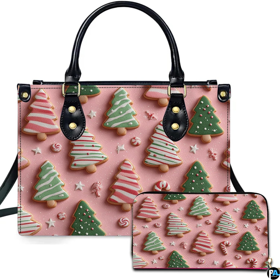 Holiday print with striped evergreen cookies and peppermint swirls on light pink backdrop.