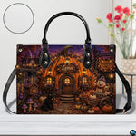 Close-up detail showcasing the pumpkin house art cottage door, glowing lantern, and floral vines.
