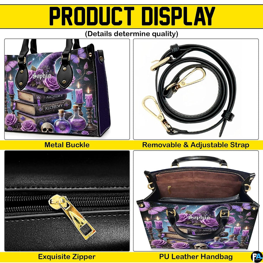 Product display of handbag shoulder strap, buckle hardware, zipper closure, and interior lining.
