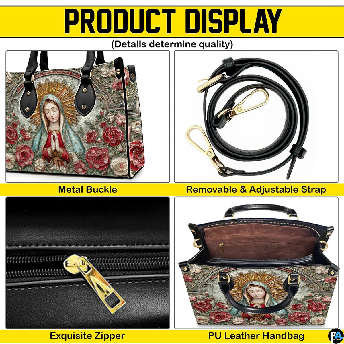 Product display infographic showing zipper, buckle, strap, and interior structure.