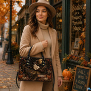 Outdoor lifestyle perspective showing structured satchel held beside autumn storefront decor.