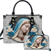 Virgin Mary cerulean veil cameo handbag and matching wallet with blue roses on grey marble