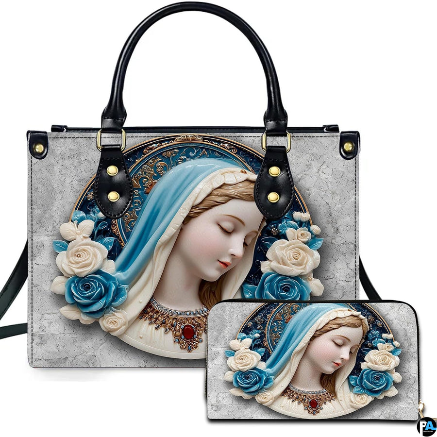 Virgin Mary cerulean veil cameo handbag and matching wallet with blue roses on grey marble