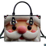 Front studio shot of structured holiday handbag featuring cute sculpted clay Santa Claus face artwork