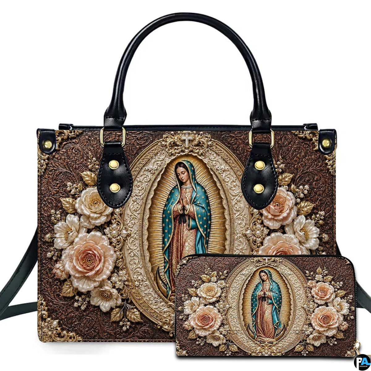 Our Lady of Guadalupe baroque medallion artwork on coordinated handbag and wallet set