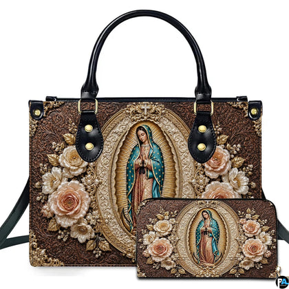 Our Lady of Guadalupe baroque medallion artwork on coordinated handbag and wallet set
