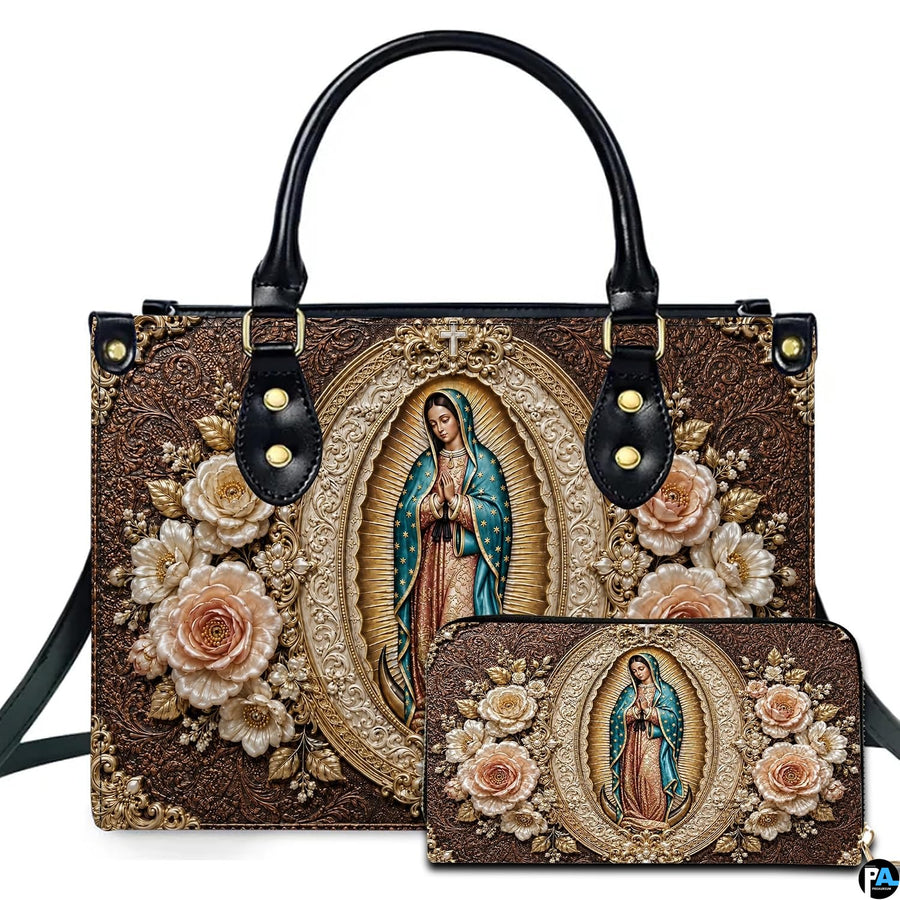 Our Lady of Guadalupe baroque medallion artwork on coordinated handbag and wallet set