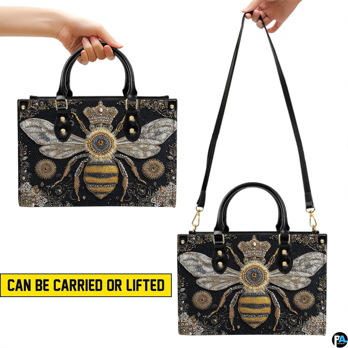 Side profile of queen bee handbag showing structured silhouette and black carrying handles.