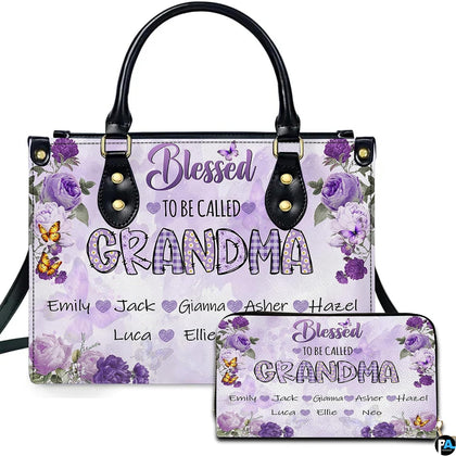 Lavender rose garden handbag and matching zip wallet shown against studio background with floral artwork.