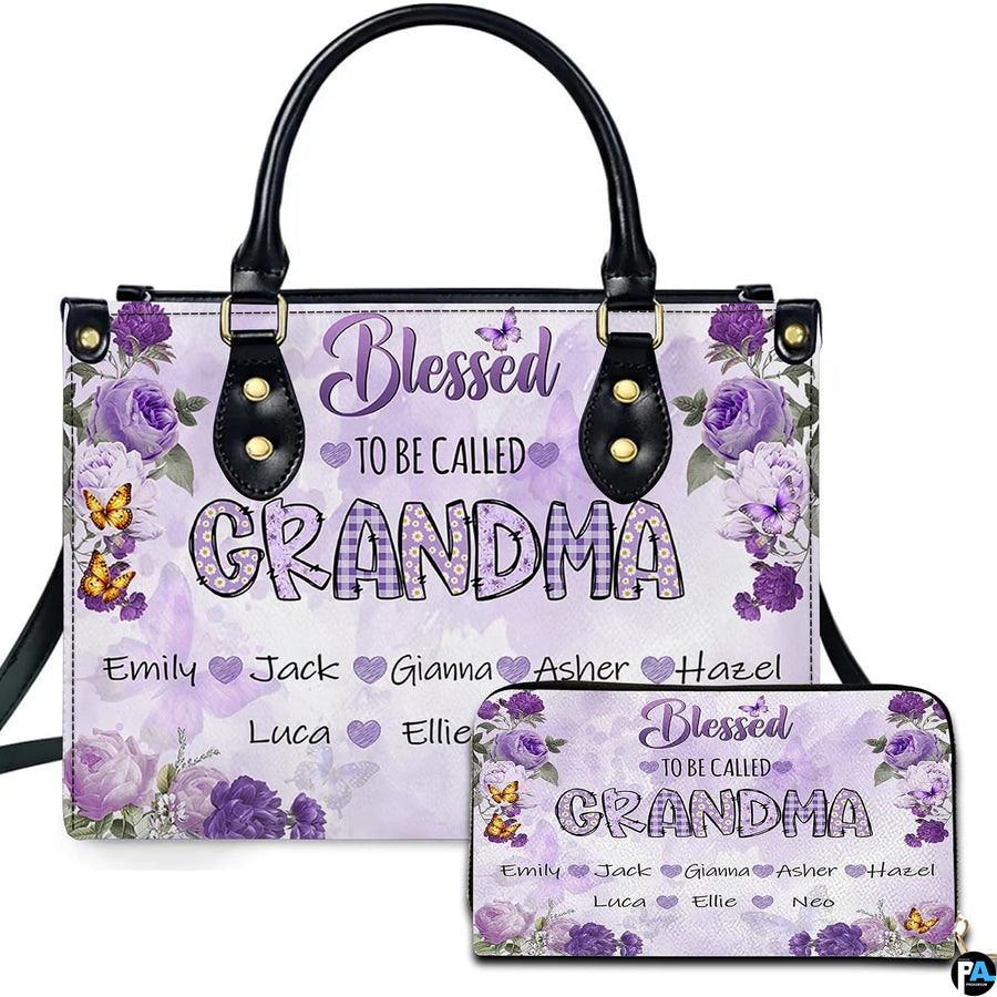 Lavender rose garden handbag and matching zip wallet shown against studio background with floral artwork.