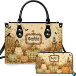 Front studio presentation showing smiling pumpkin harvest artwork alongside companion accessory on white surface.