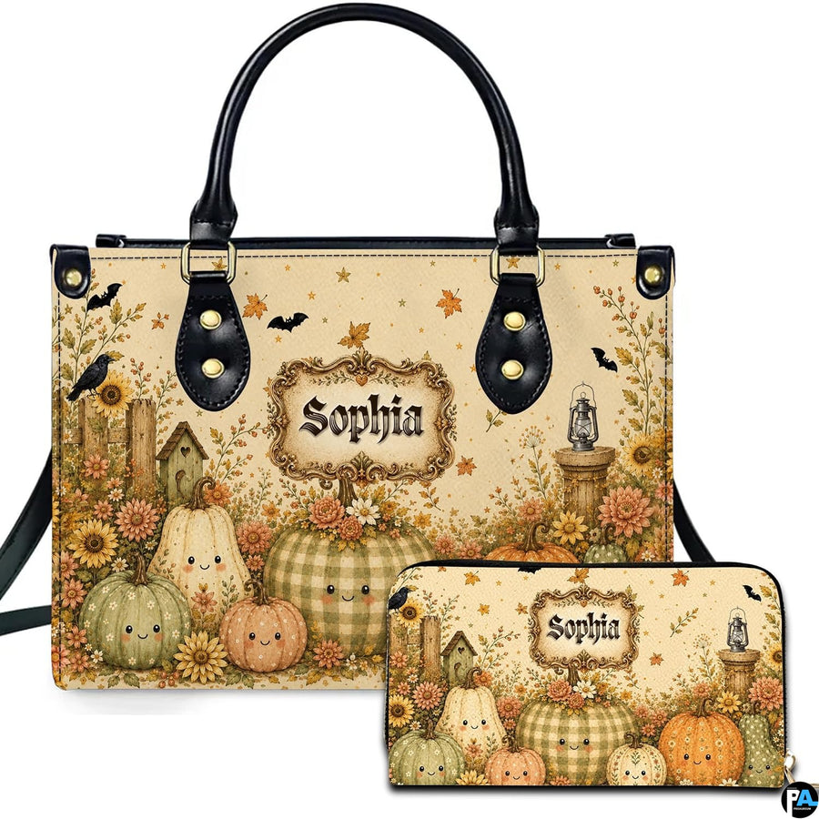 Front studio presentation showing smiling pumpkin harvest artwork alongside companion accessory on white surface.