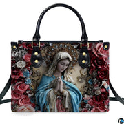Front view highlighting praying Madonna artwork crowned with an ornate golden halo and surrounded by roses.