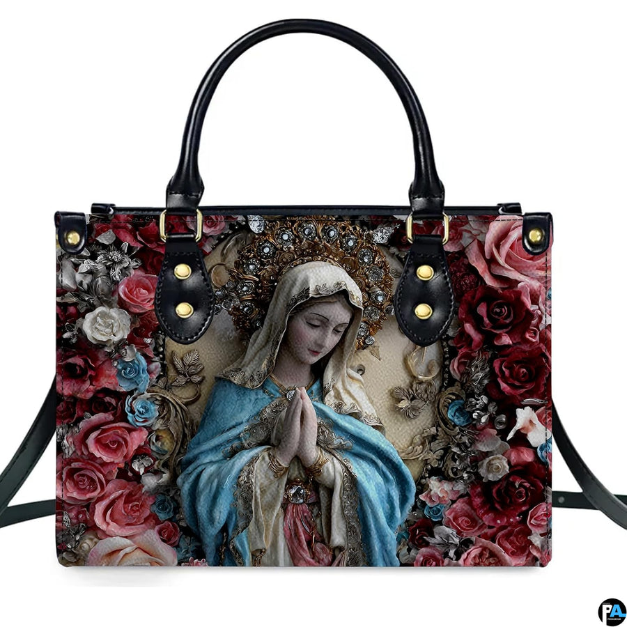 Front view highlighting praying Madonna artwork crowned with an ornate golden halo and surrounded by roses.