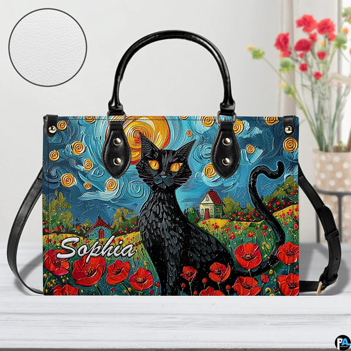 Frontal perspective presenting van gogh style cat painting artwork resting on light surface.
