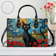 Frontal perspective presenting van gogh style cat painting artwork resting on light surface.