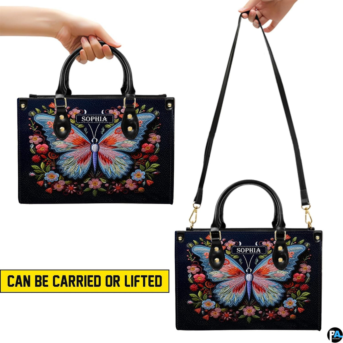 Carrying options demonstrated for the navy floral butterfly handbag with handheld and shoulder wear.