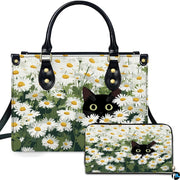 Studio presentation of cat in daisy field art alongside matching companion accessory.