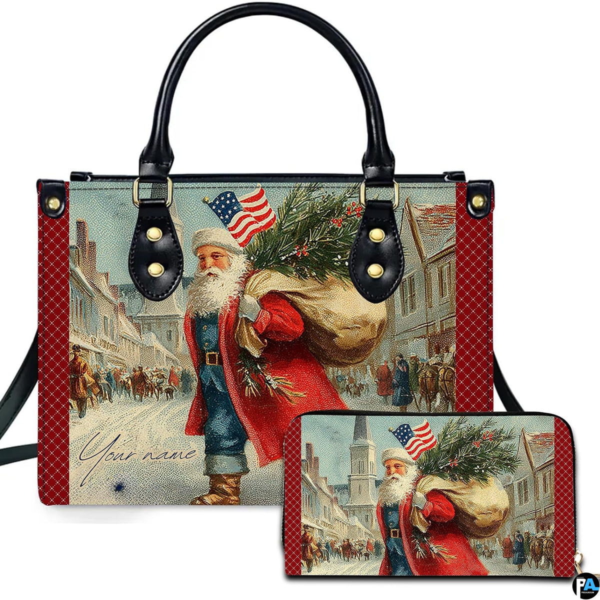 Vintage patriotic Santa Claus handbag and wallet set featuring American flag and winter scene.