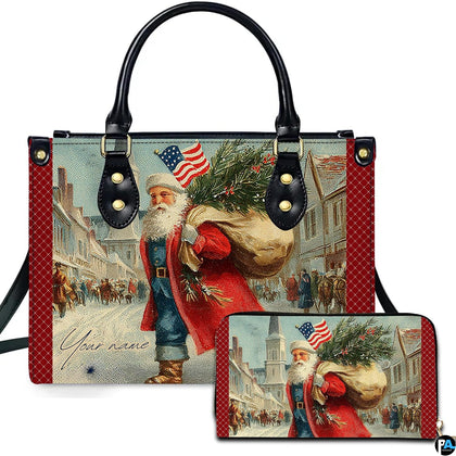 Vintage patriotic Santa Claus handbag and wallet set featuring American flag and winter scene.