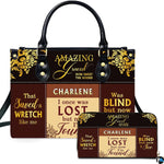 Christian hymn patchwork handbag and matching wallet set on white backdrop
