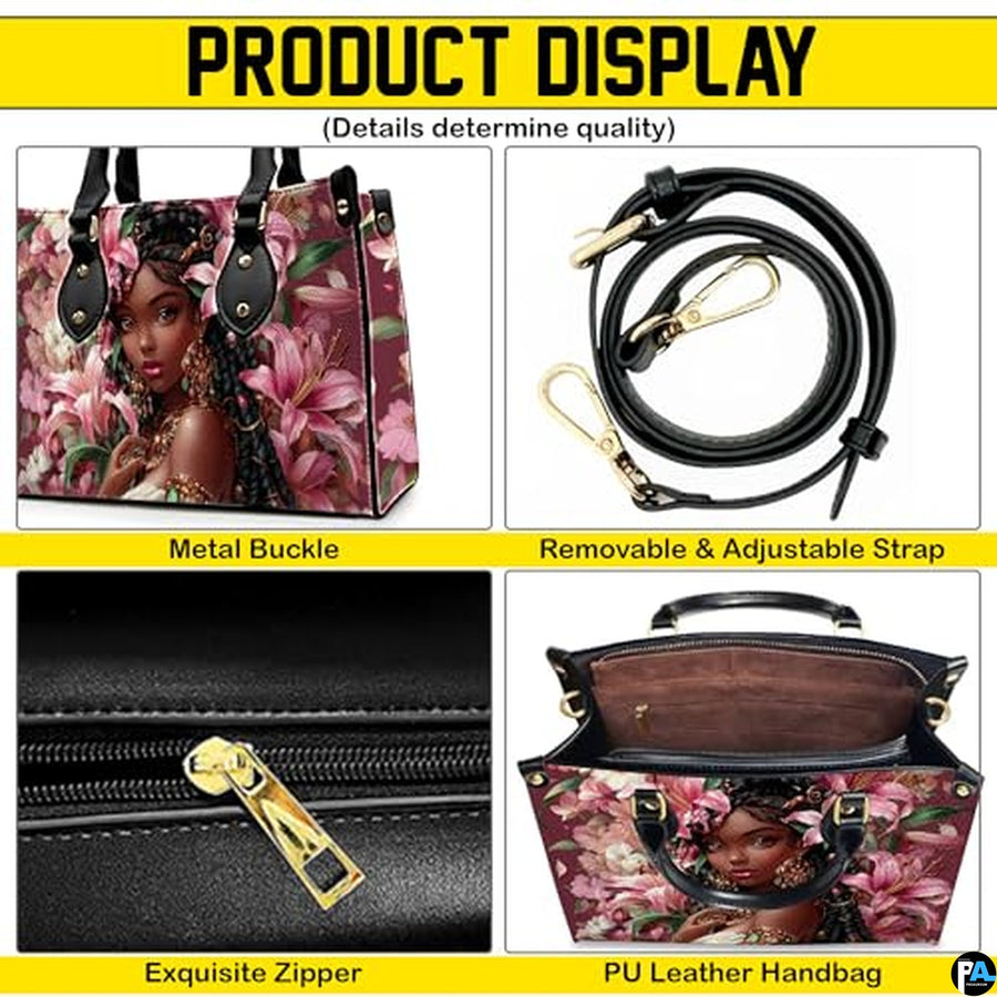 Personalized Black Women Leather Bag, Custom Name African Purses and Handbags Gifts for Mom Birthday Christmas Mothers Day