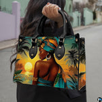 Carried perspective highlighting woman in turquoise headwrap overlooking a golden ocean horizon.