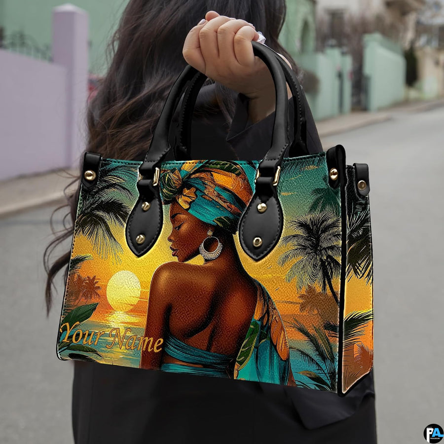 Carried perspective highlighting woman in turquoise headwrap overlooking a golden ocean horizon.